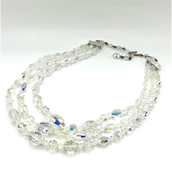 Vintage Multi-Strand Aurora Borealis Crystal Beaded Necklace With Adjustable Cla - Picture 1 of 7